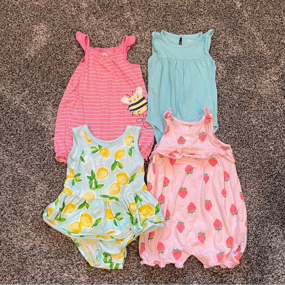 Toddler Girl 24M Summer Outfit Bundle Carter’s Rompers Strawberry Lemon Bee 4pc